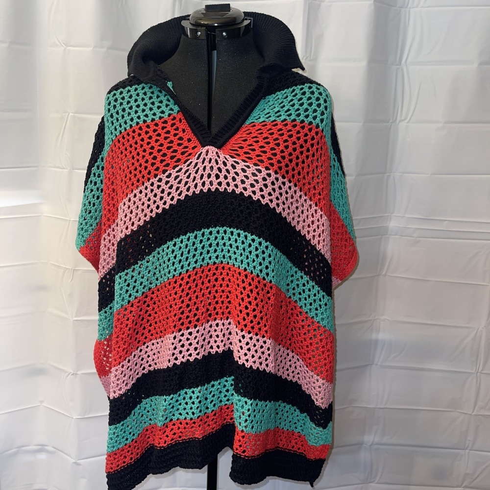 Free People Bayside‎ Stripe Open Knit Crochet Poncho One Size Boho Hippie
